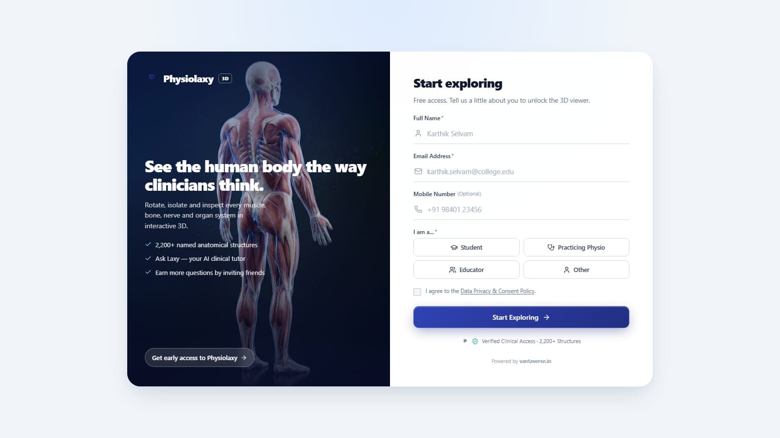 Physiolaxy Anatomy Explorer home screen showing a 3D human body model and the free access sign-up form